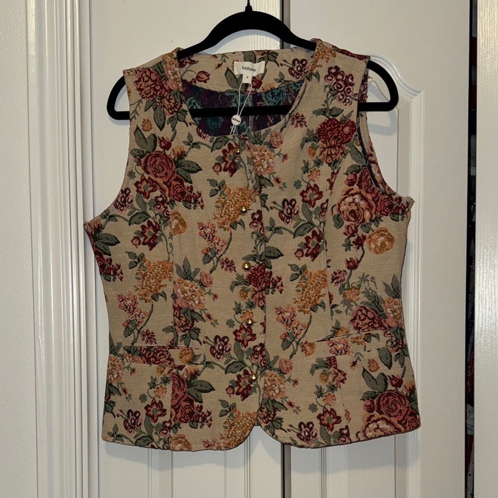 bohme Cream Floral Tapestry Vest with Rose & Green Motif